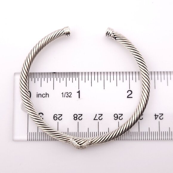 DAVID YURMAN Sterling Silver 4mm Classic Cable X Diamonds Bangle Bracelet LARGE - Picture 4 of 11